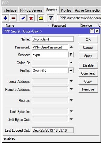 Настройка OpenVPN сервера в MikroTik, добавление учетной записи для VPN пользователя